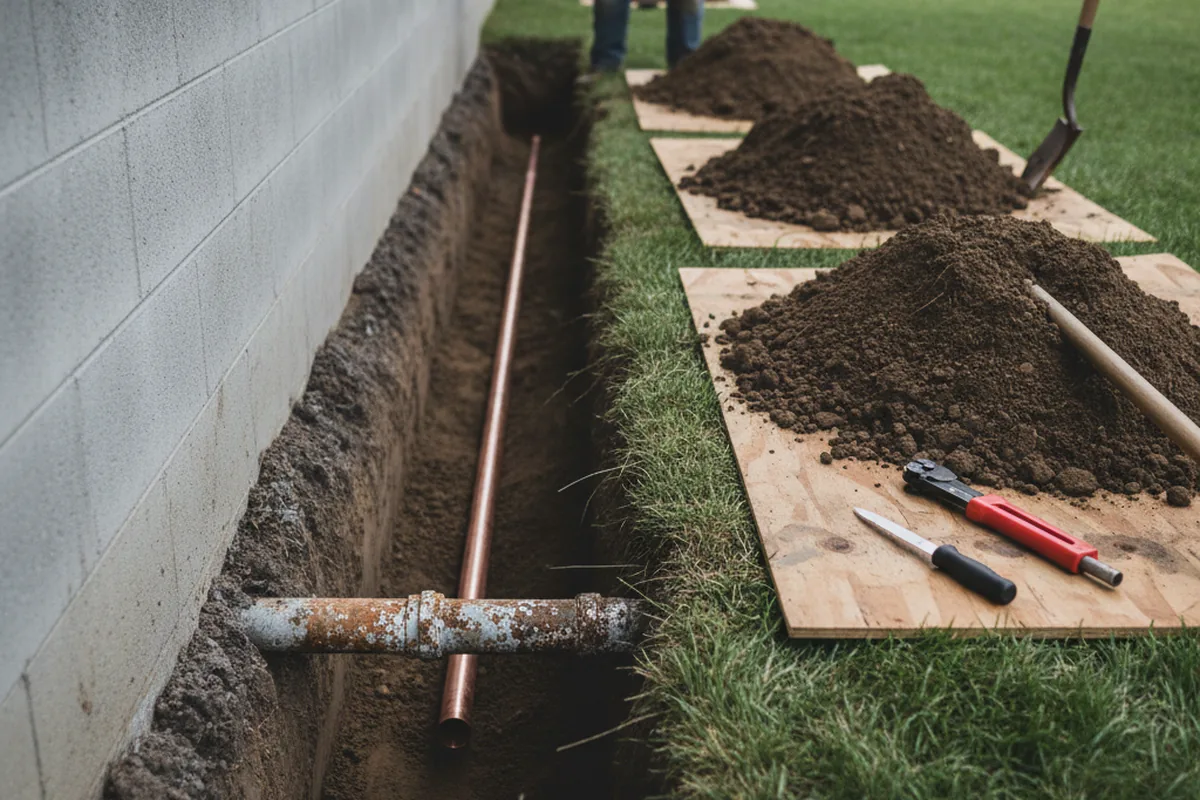 Excavated water line trench during Water Softener Installation in Fishersville